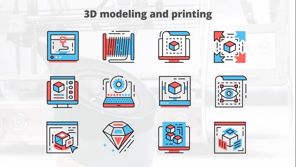 Videohive 3d Modeling And Printing – Thin Line Icons 23455879