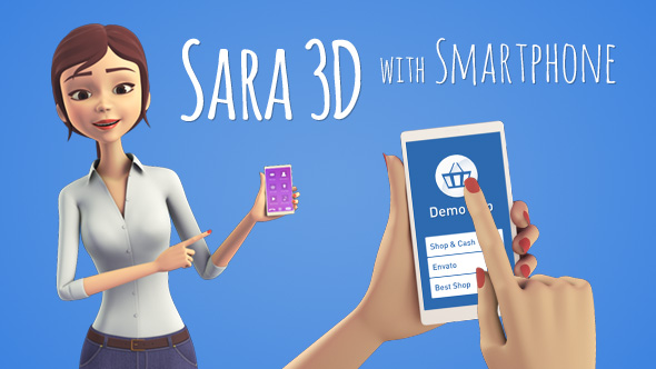 Videohive Sara 3D Character with Smartphone - Female Presenter for Mobile App 15887749